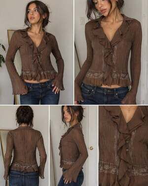 Notations Vintage Brown Ruffle Lace Blouse Sheer Y2K Bell Sleeve Top L